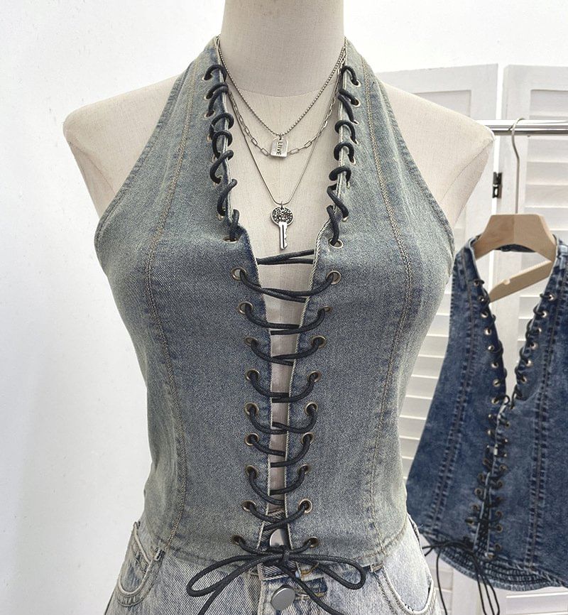 Halter Lace Up Denim Top
