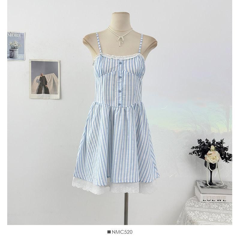 Spaghetti Strap Pinstripe Mini A-Line Dress