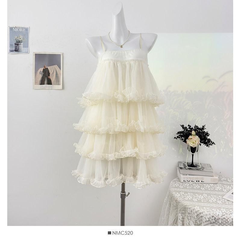 Spaghetti Strap Sheer Mini Tiered Dress