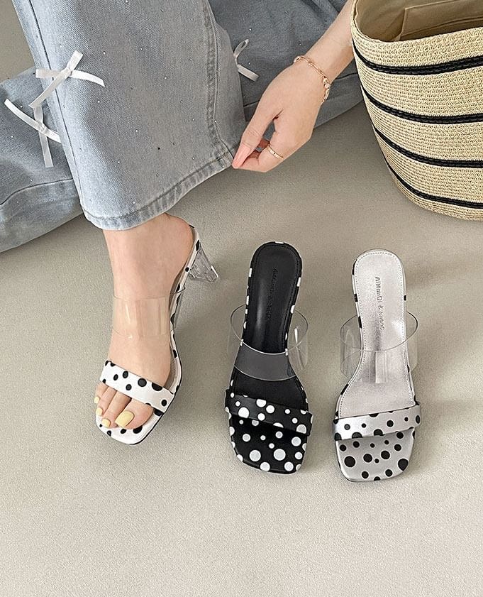 Dotted Faux Leather Clear Strap High Heel Slide Sandals