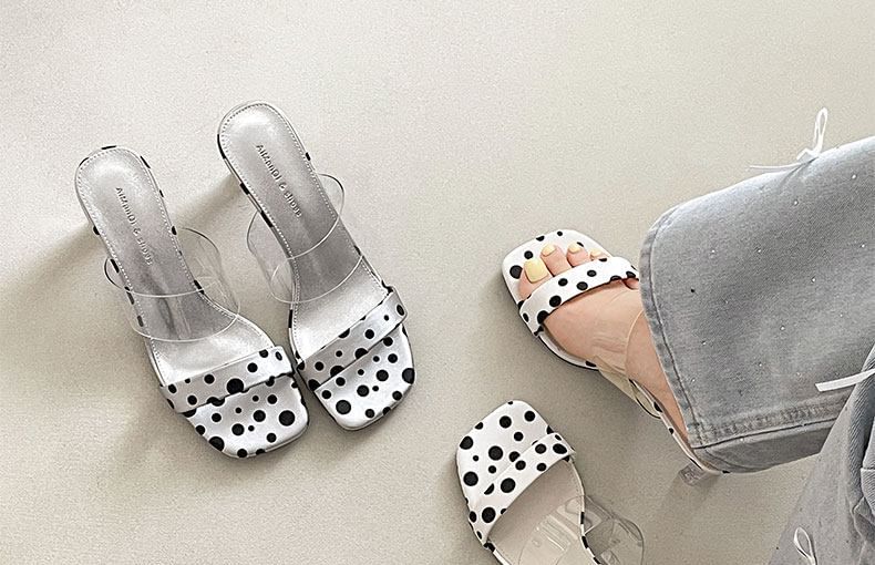Dotted Faux Leather Clear Strap High Heel Slide Sandals