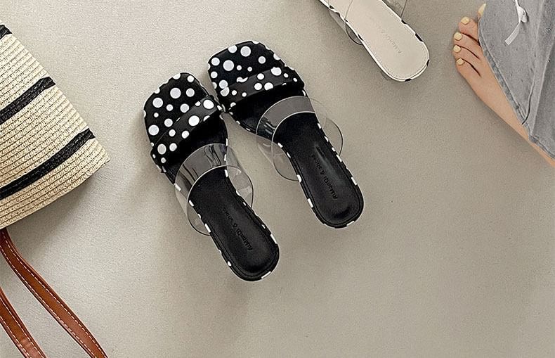 Dotted Faux Leather Clear Strap High Heel Slide Sandals