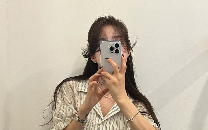 Elbow-Sleeve Lapel Collar Striped Button Blouse