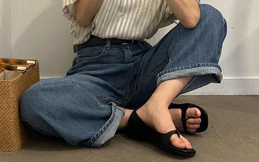 Elbow-Sleeve Lapel Collar Striped Button Blouse