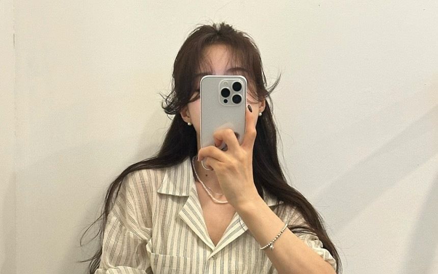 Elbow-Sleeve Lapel Collar Striped Button Blouse