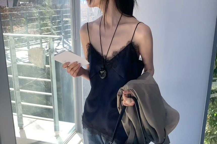 V-Neck Asymmetric Lace Trim Camisole Top