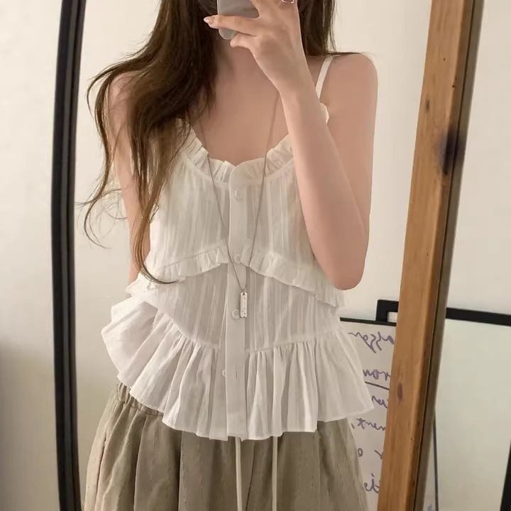 Frill Trim Button-Up V-Neck Camisole Top