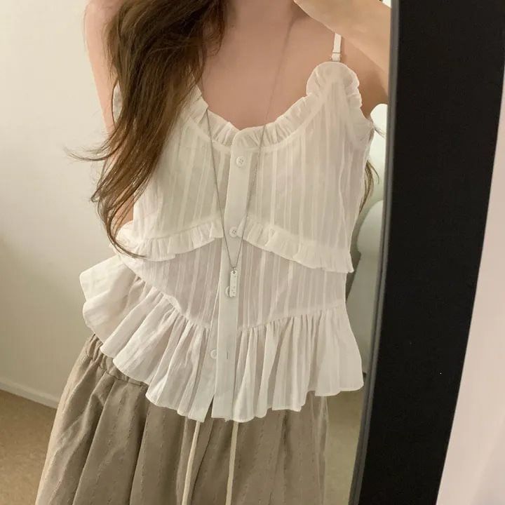 Frill Trim Button-Up V-Neck Camisole Top