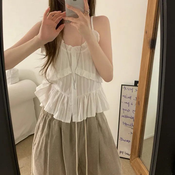 Frill Trim Button-Up V-Neck Camisole Top