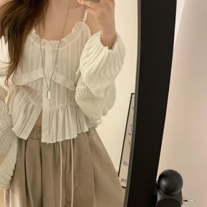 Frill Trim Button-Up V-Neck Camisole Top