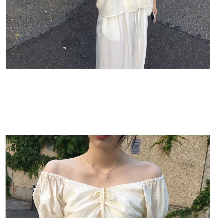 Puff-Sleeve V-Neck Ruched Blouse Plain
