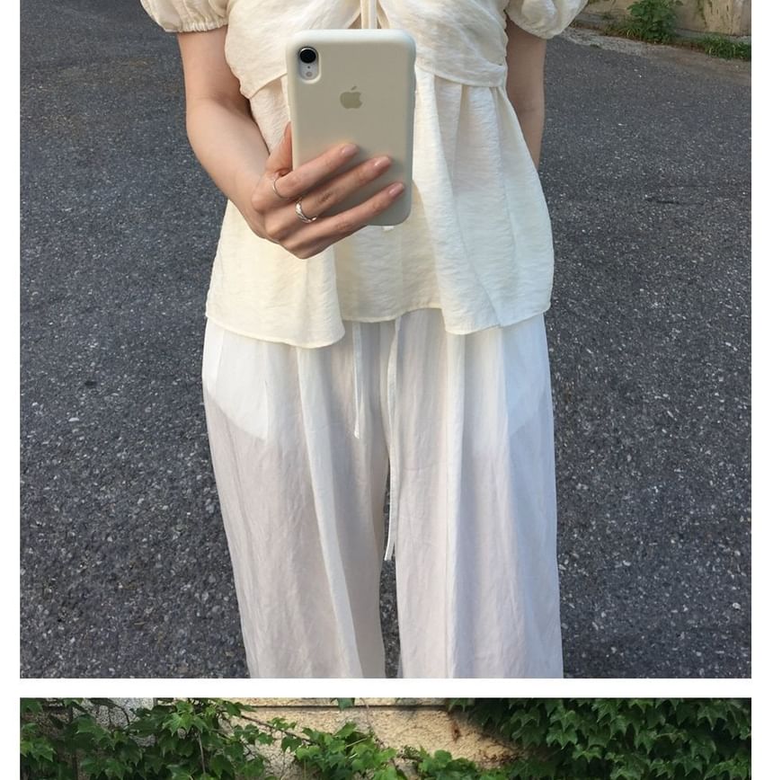 Puff-Sleeve V-Neck Ruched Blouse Plain