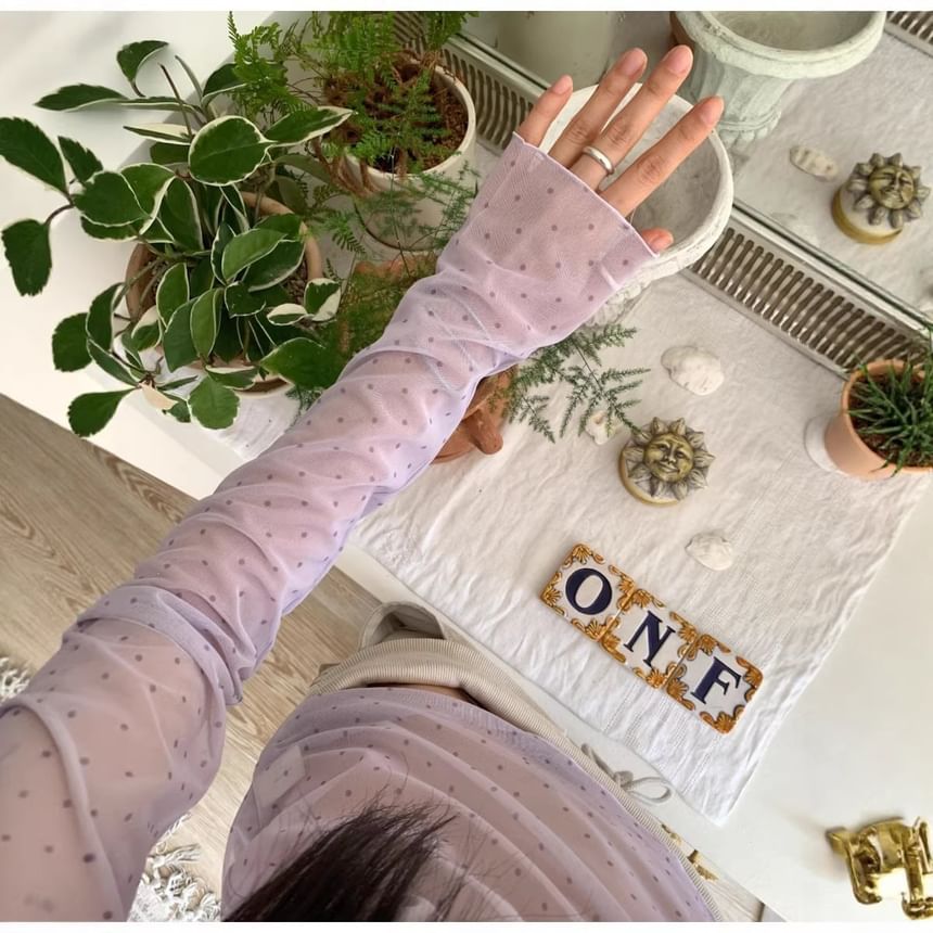 Long-Sleeve Crew Neck Mesh Top with Micro Dot Print