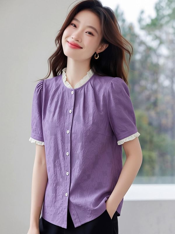 Short-Sleeve Lace Trim Button-Up Textured Blouse