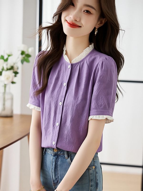 Short-Sleeve Lace Trim Button-Up Textured Blouse