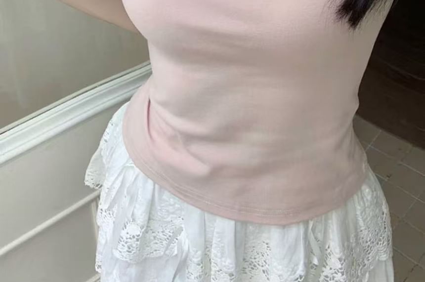 Short-Sleeve Square Neck Lace Trim Plain Crop Top