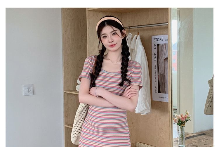Maternity Short-Sleeve Scoop Neck Multicolor Stripe Maxi T-Shirt Dress