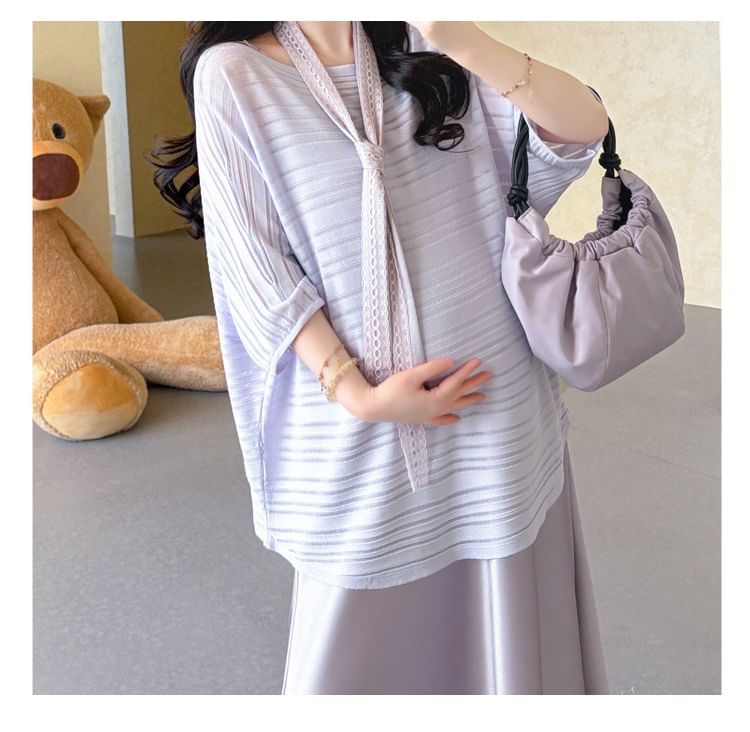Maternity Elbow-Sleeve Round Neck Striped T-Shirt / Spaghetti Strap Plain Maxi Smock Dress
