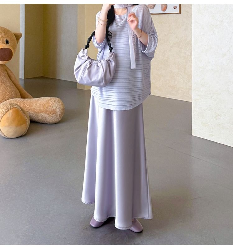 Maternity Elbow-Sleeve Round Neck Striped T-Shirt / Spaghetti Strap Plain Maxi Smock Dress
