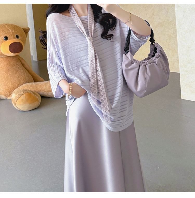 Maternity Elbow-Sleeve Round Neck Striped T-Shirt / Spaghetti Strap Plain Maxi Smock Dress