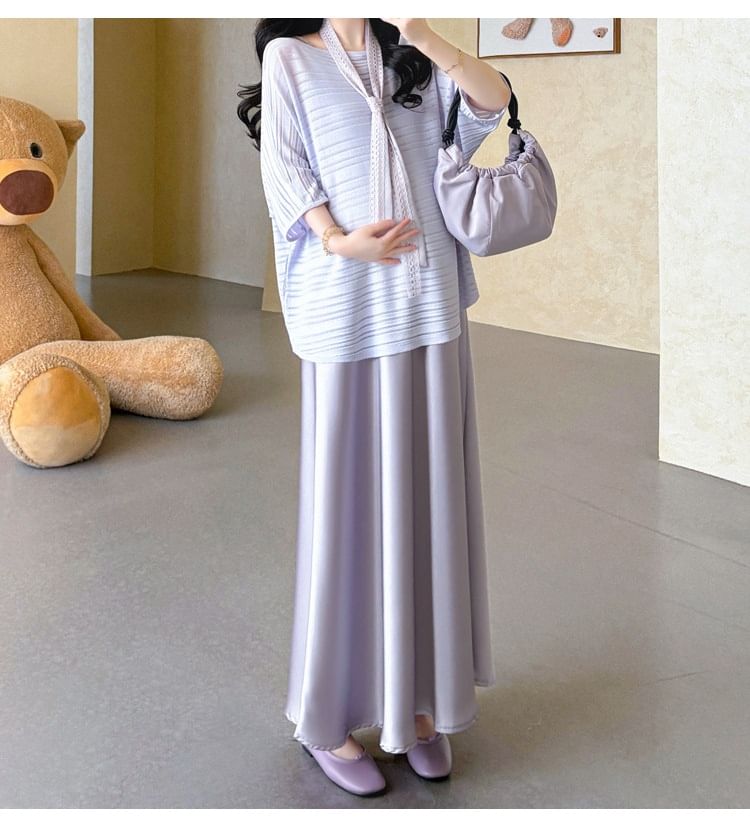 Maternity Elbow-Sleeve Round Neck Striped T-Shirt / Spaghetti Strap Plain Maxi Smock Dress