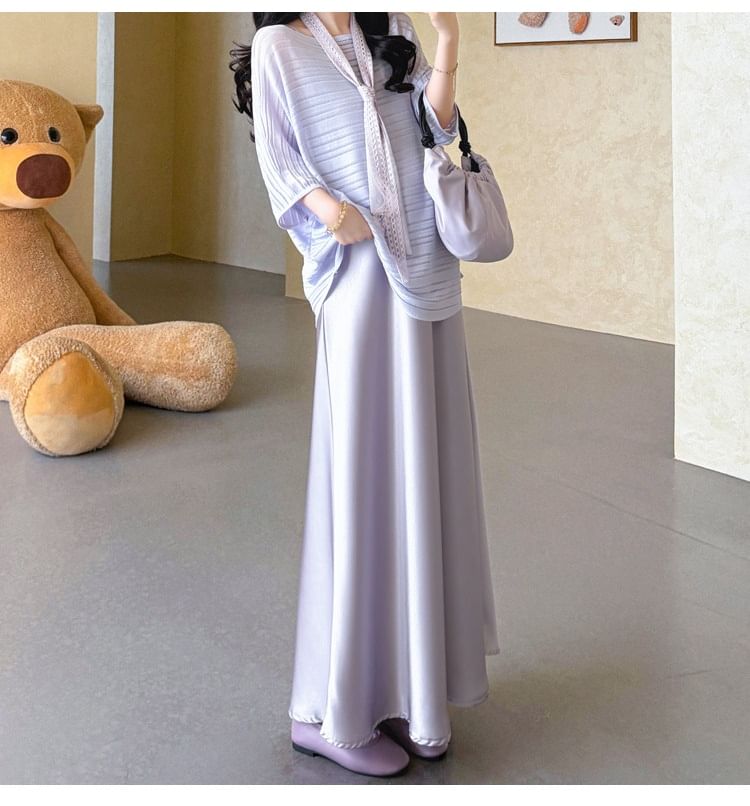 Maternity Elbow-Sleeve Round Neck Striped T-Shirt / Spaghetti Strap Plain Maxi Smock Dress