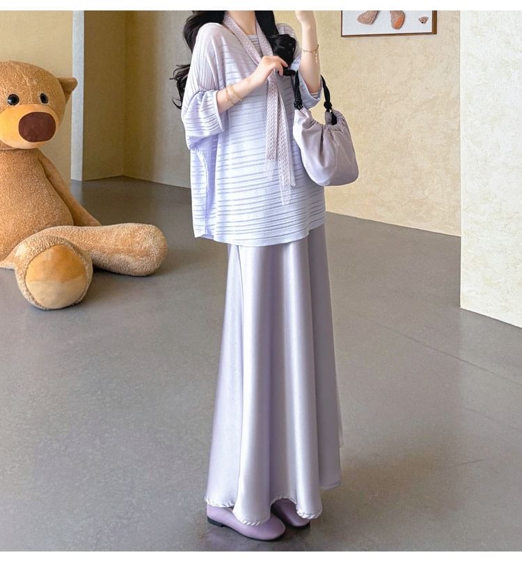 Maternity Elbow-Sleeve Round Neck Striped T-Shirt / Spaghetti Strap Plain Maxi Smock Dress