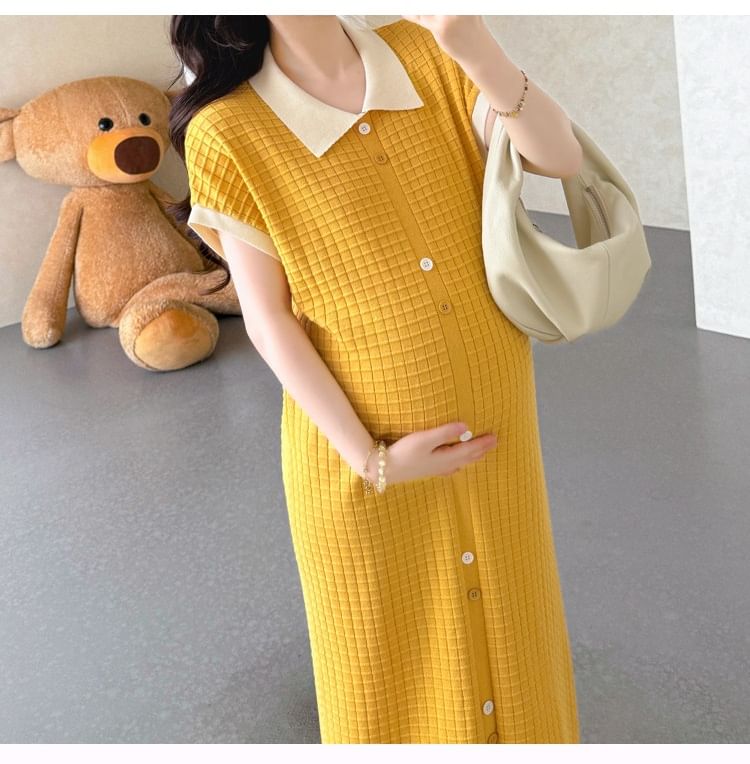 Maternity Short-Sleeve Collar Plain Maxi Sheath Dress