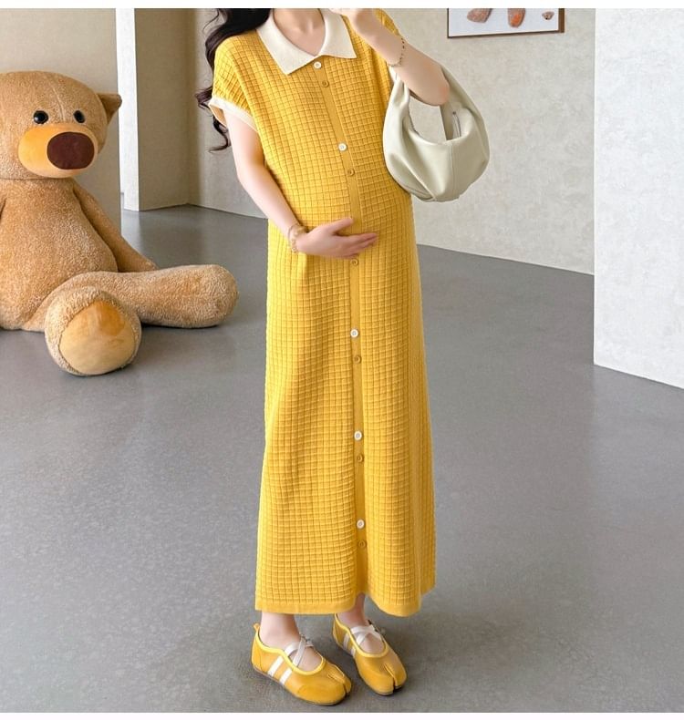 Maternity Short-Sleeve Collar Plain Maxi Sheath Dress