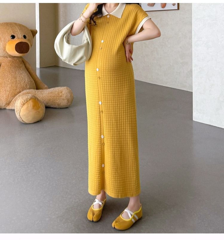 Maternity Short-Sleeve Collar Plain Maxi Sheath Dress