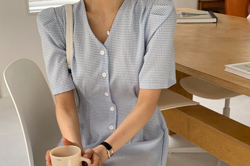 Short-Sleeve V-Neck Gingham Button-Up Maxi Dress