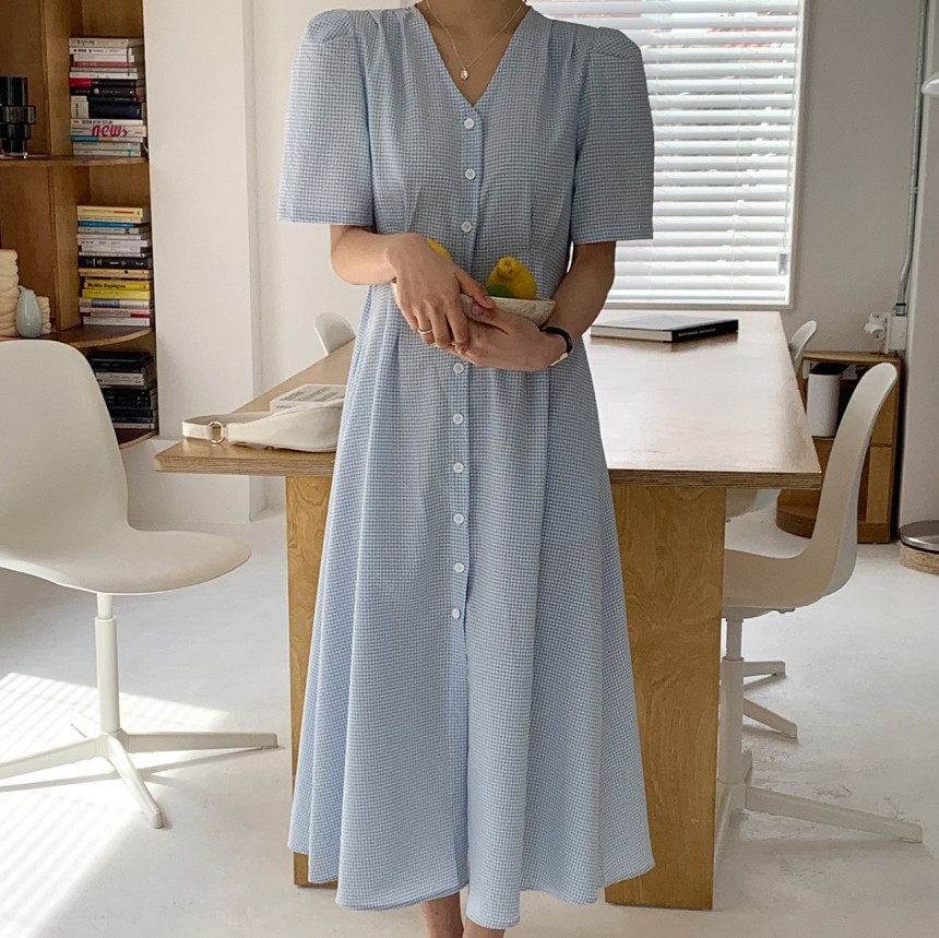 Short-Sleeve V-Neck Gingham Button-Up Maxi Dress
