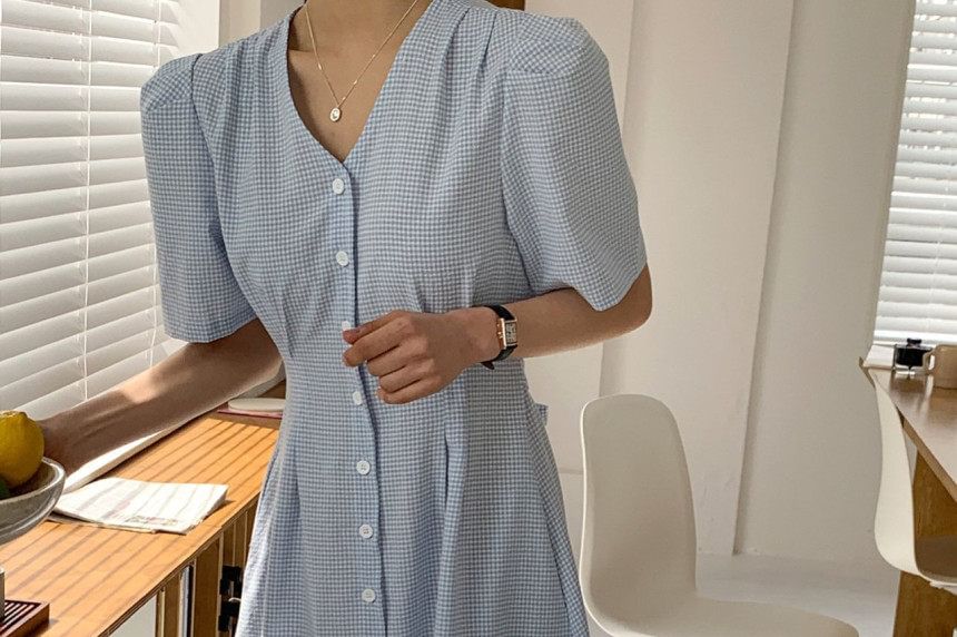 Short-Sleeve V-Neck Gingham Button-Up Maxi Dress