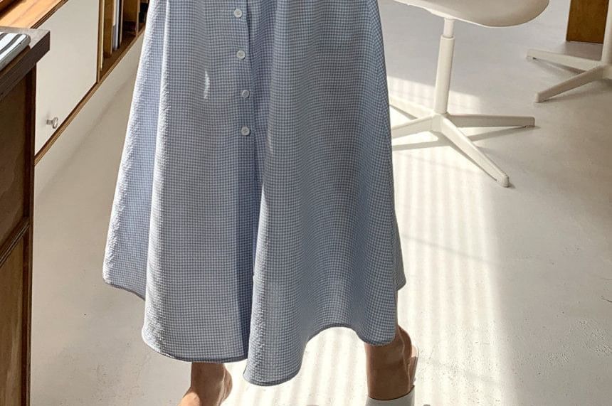 Short-Sleeve V-Neck Gingham Button-Up Maxi Dress