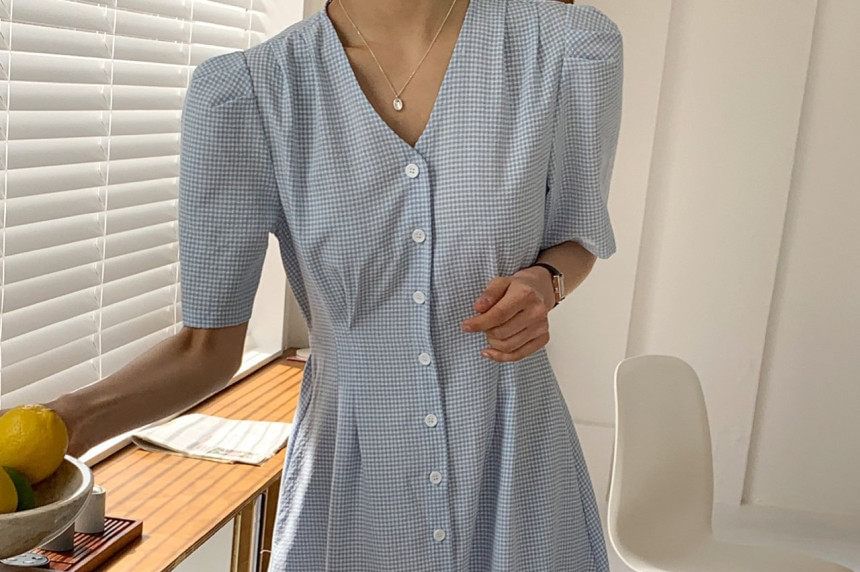 Short-Sleeve V-Neck Gingham Button-Up Maxi Dress