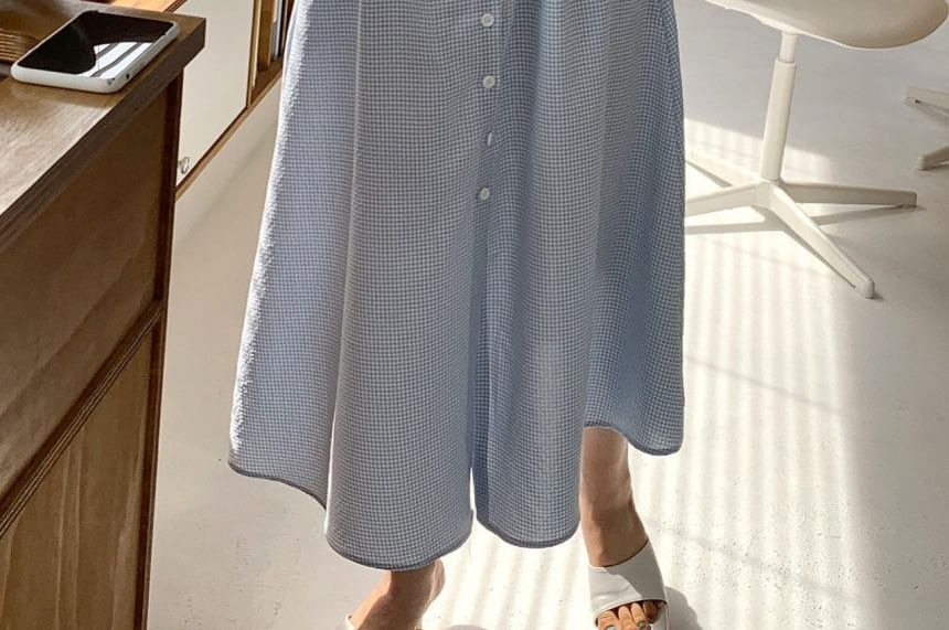 Short-Sleeve V-Neck Gingham Button-Up Maxi Dress