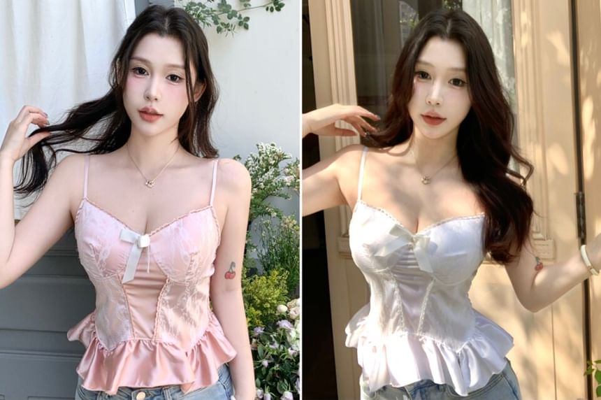 V-Neck Lace Panel Padded Ruffle Hem Crop Camisole