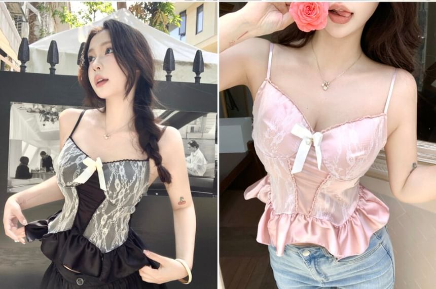 V-Neck Lace Panel Padded Ruffle Hem Crop Camisole