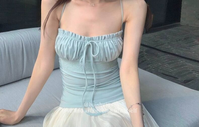 Lace Panel Frill Trim Ruched Crop Camisole