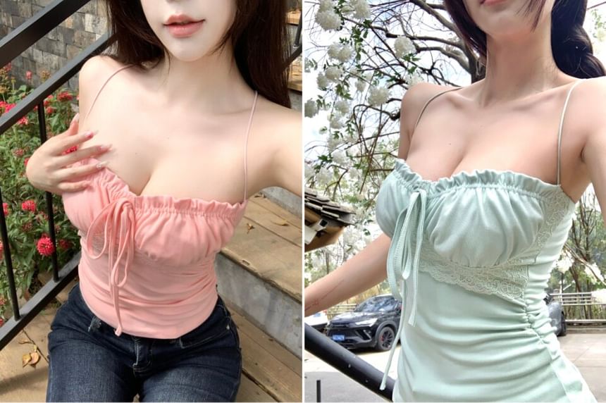 Lace Panel Frill Trim Ruched Crop Camisole