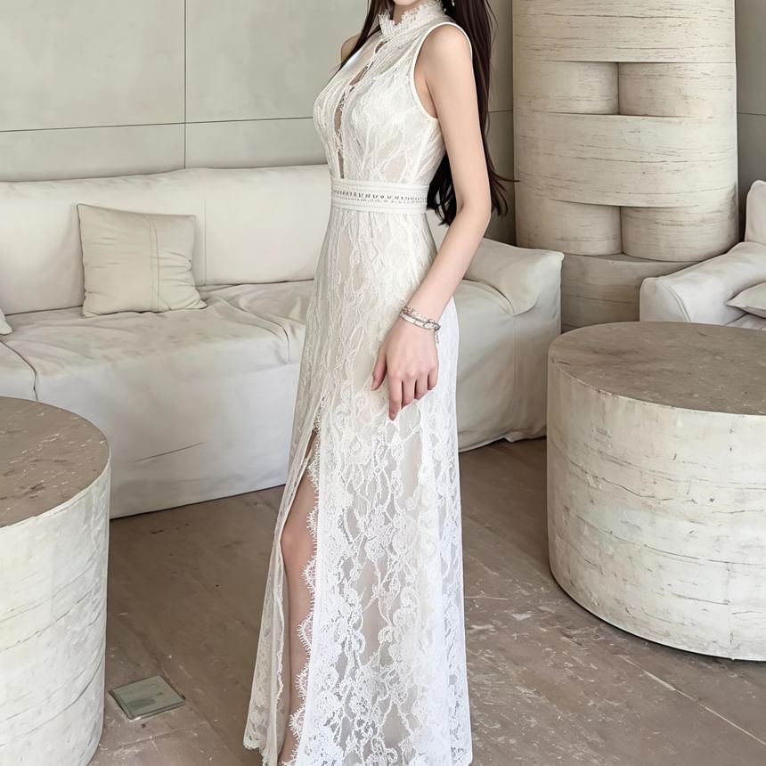 Sleeveless Mock Neck Cutout Slit Lace Maxi A-Line Dress