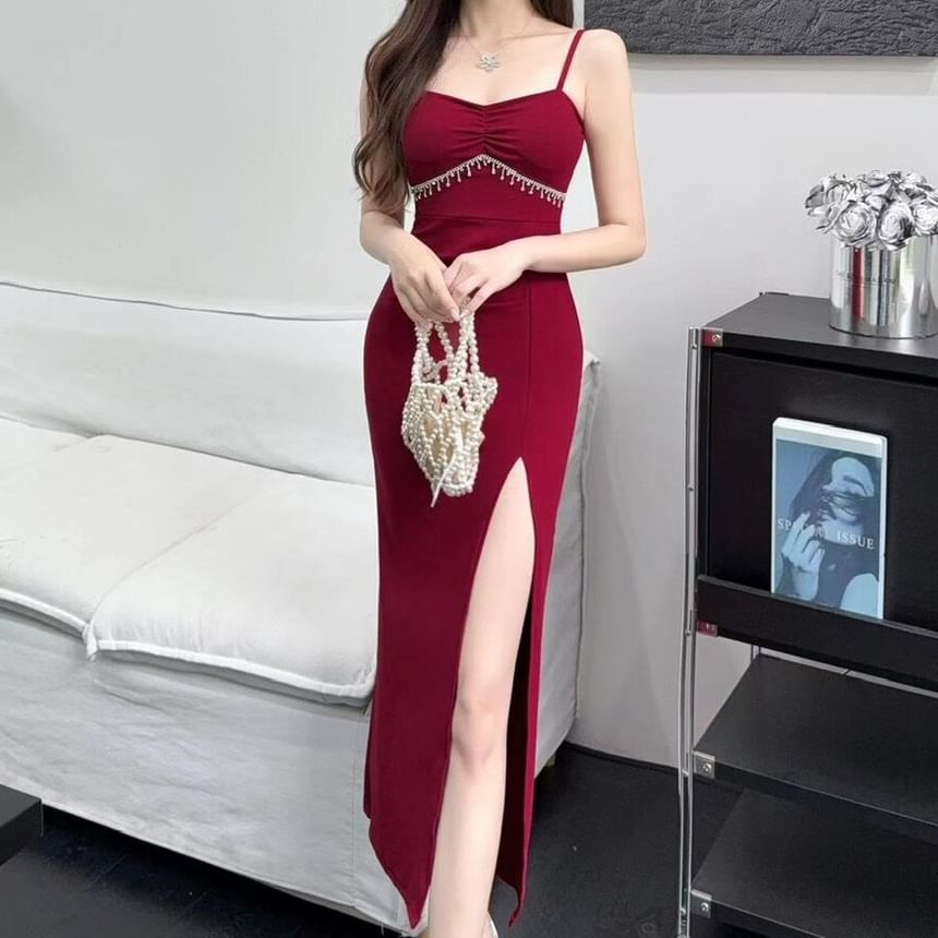 Spaghetti Strap V-Neck Fringed Ruched Slit Midi Bodycon Dress