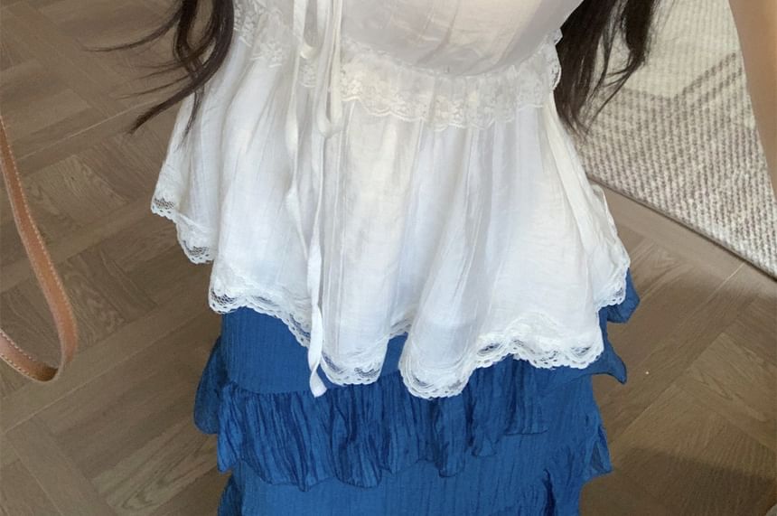 Sleeveless V-Neck Lace Top / Mid Waist Asymmetrical Maxi Skirt