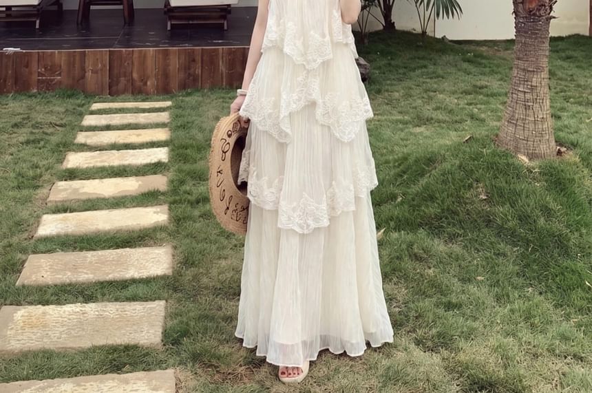 Spaghetti Strap Lace Asymmetrical Maxi A-Line Dress