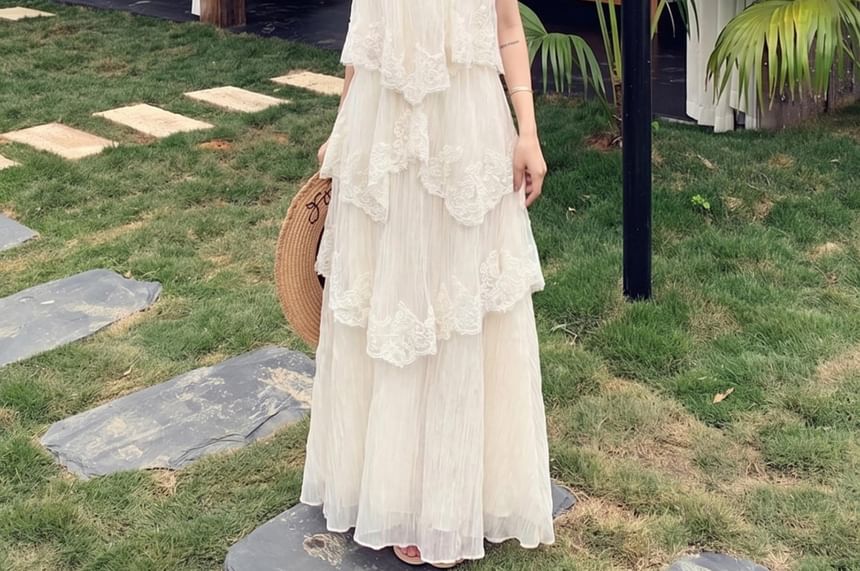 Spaghetti Strap Lace Asymmetrical Maxi A-Line Dress