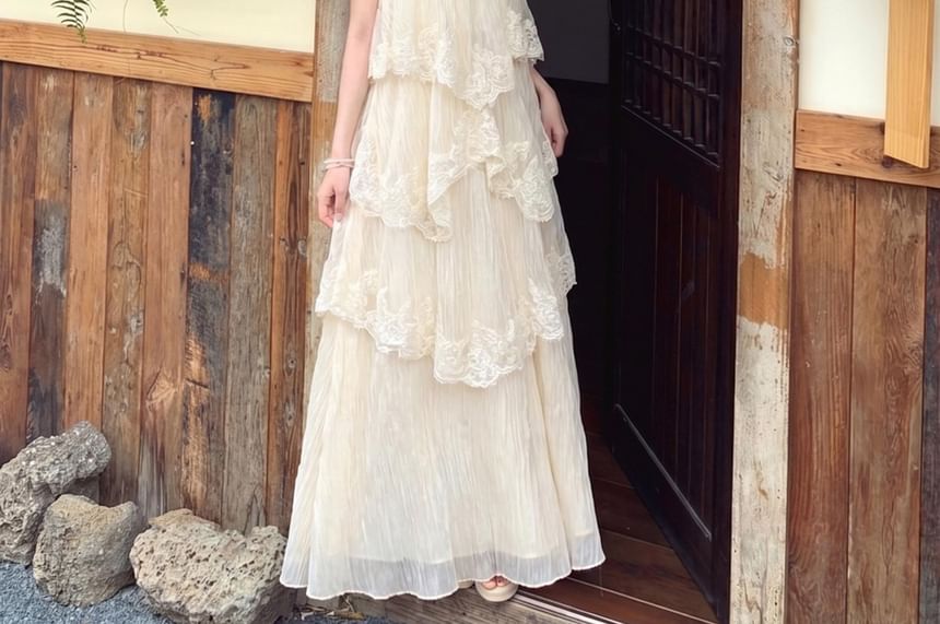 Spaghetti Strap Lace Asymmetrical Maxi A-Line Dress
