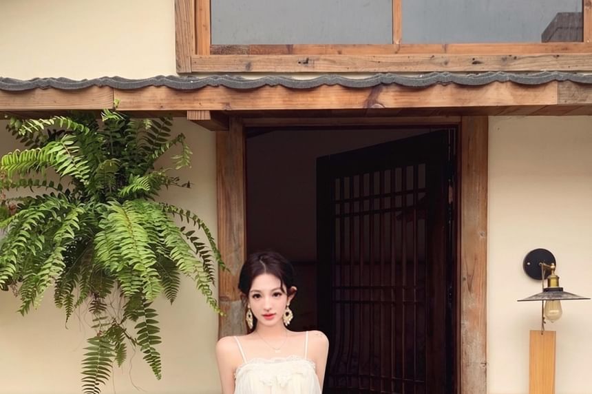 Spaghetti Strap Lace Asymmetrical Maxi A-Line Dress