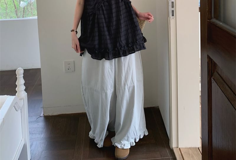 Ruffle Wide-Leg Pants & V-Neck Plaid Blouse Set