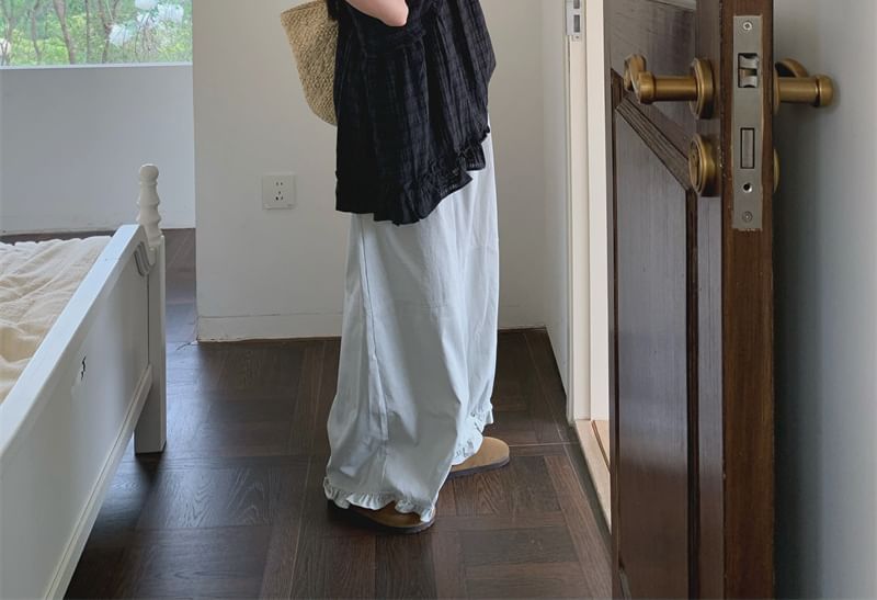 Ruffle Wide-Leg Pants & V-Neck Plaid Blouse Set
