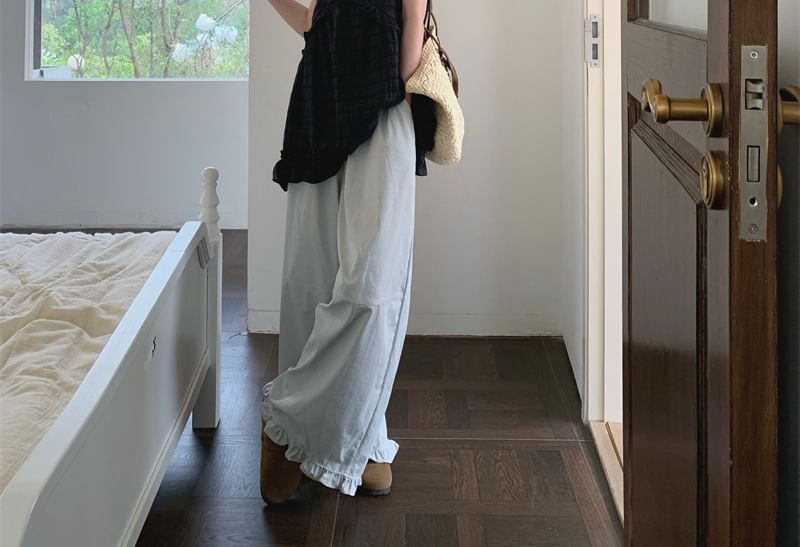 Ruffle Wide-Leg Pants & V-Neck Plaid Blouse Set